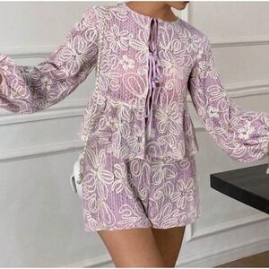 SHEIN Pastel Purple White Lace Set High Waist Shorts Tie Front Peplum Top Shirt